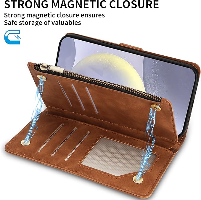 ZZXX for Samsung Galaxy S24 Plus Wallet Case with RFID Blocking Card Slot PU Leather Zipper Flip Folio with Strap Kickstand Protective Cover for Samsung Galaxy S24+ Case Wallet(Brown-6.7 inch)