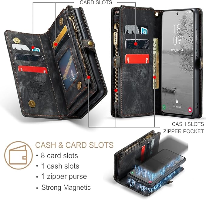 SZHAIYU 2 in 1 Detachable for Samsung Galaxy S23+ / S23 Plus Wallet Case with Card Holder, Retro Premium Flip Leather Cover Magnetic Zipper Pocket Phone Cases 6.6'' (Black,S23+/S23 Plus)