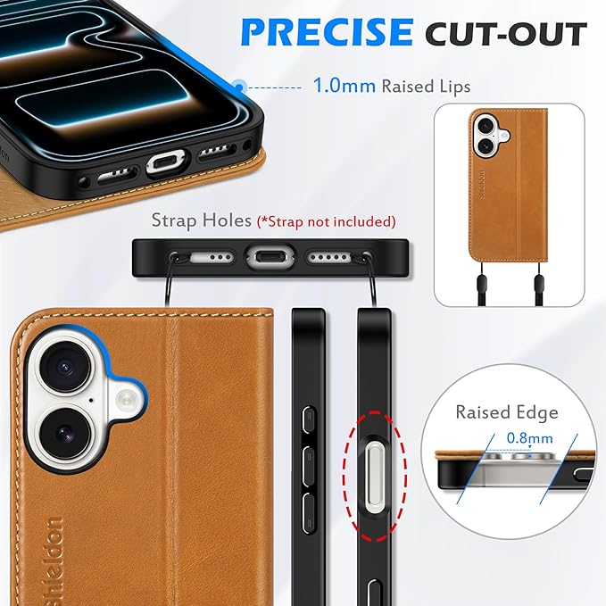 SHIELDON Leather Wallet Case for iPhone 17 5G 6.3" 2025 | RFID Blocking Credit Card Holder, Magnetic Closure, Kickstand, Folio Design, Shockproof Full Protective Cover - Retro Light Brown