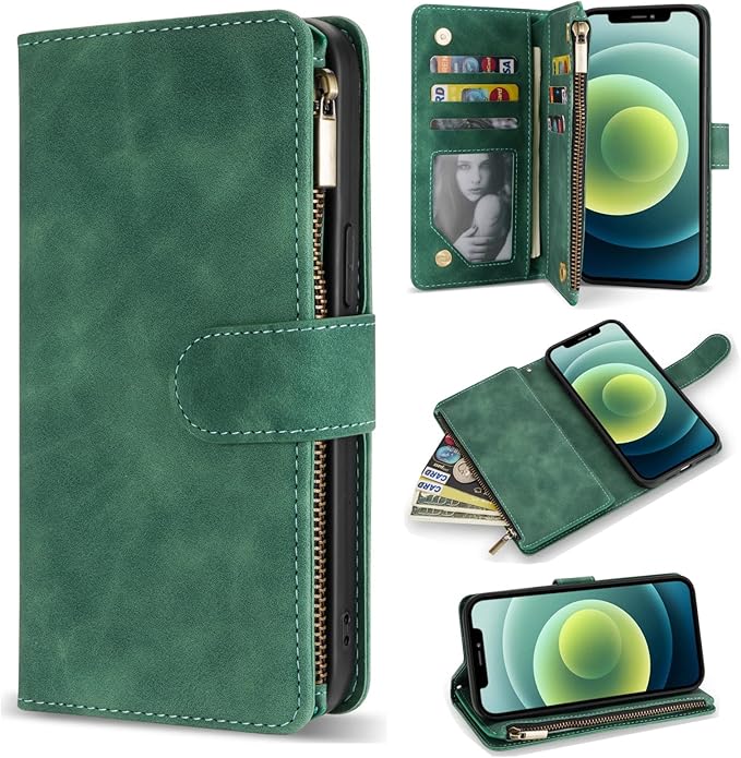 ZZXX for iPhone 12 Mini Wallet Case with Card Slot Premium Soft PU Leather Zipper Flip Folio Wallet with Wrist Strap Kickstand Protective for iPhone 12 Mini Case Wallet(Green 5.4 inch)