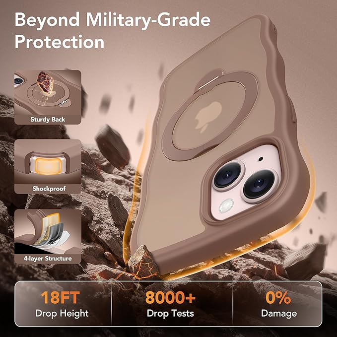 for iPhone 13 Case & iPhone 14 Case for Women,[Compatible with Magsafe][360° Spin Magnetic Stand][Cute Wave Edge][Military-Grade Protection]Translucent Matte Phone case for iPhone 13/14, Brown