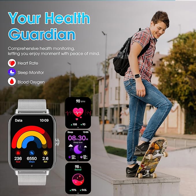 Smart Watch for Men Women(Answer/Dial Calls) 1.83" HD Fitness Step Tracker Watch with Heart Rate, Sleep & Stress,IP68 Waterproof/120+ Sports Modes for IOS/Android, Silver Metal/2 Watchs Bands