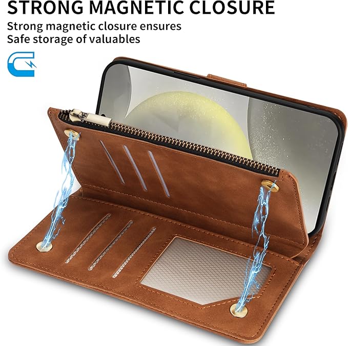 ZZXX for Samsung Galaxy S24 Wallet Case with RFID Blocking Card Slot PU Leather Zipper Flip Folio with Strap Kickstand Protective Cover for Samsung Galaxy S24 Case Wallet(Brown-6.2 inch)