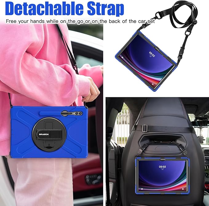 BRAECNstock for Samsung Galaxy Tab S10 Ultra/ S9 Ultra/ S8 Ultra Case 14.6" Shockporoof Protective Heavy Duty Kids Case with Pencil Holder [360 Rotating Strap]& Stand, Shoulder Strap, Blue