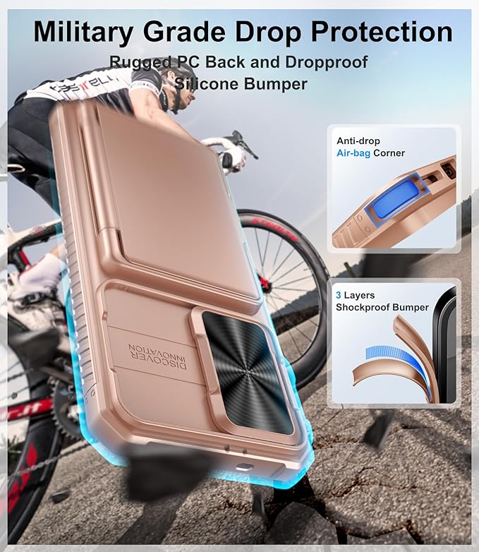 for Samsung Galaxy S25+ Plus Phone Case Wallet, Card Holder (4-5 Cards), RFID Block, Slide Camera Cover, Military Drop, Rugged Heavy Duty Men Women Cases for Samsung Galaxy S25+ Plus, Rose Gold