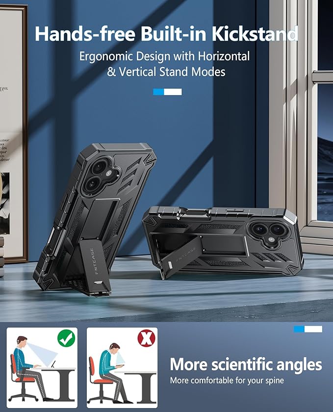 FNTCASE for iPhone 16 Phone Case: for iPhone 16 case with Kickstand Shockproof Military Grade Protective Cover - Dual Layer Full Protection Sturdy Matte Textured Drop Proof - 6.1 Inch Black