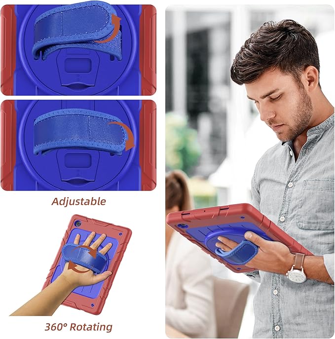 for Samsung Galaxy Tablet A8 Case 10.5 inch 2022 SM-X200/X205/X207 with Screen Protector [360 Rotating Stand] &Hand Shoulder Strap Shockproof Rugged Protective Cover|Red&Blue