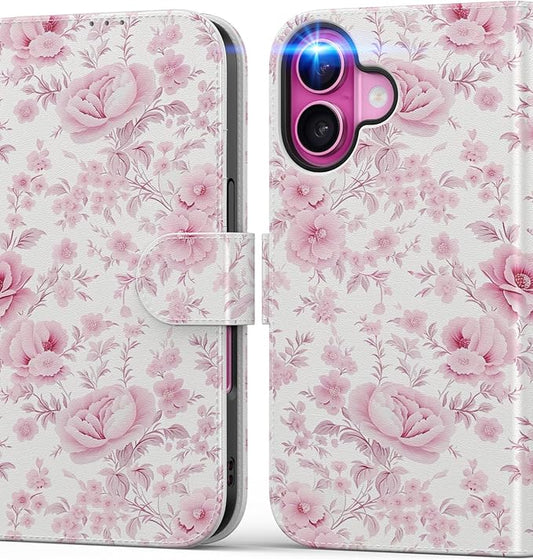 DEENAKIN for iPhone 16 Wallet Case with Card Holder + Cash Clip, RFID-Blocking, Military-Grade Drop Protection, Magnetic Closure with Leather Kickstand - Blooming Pink Roses