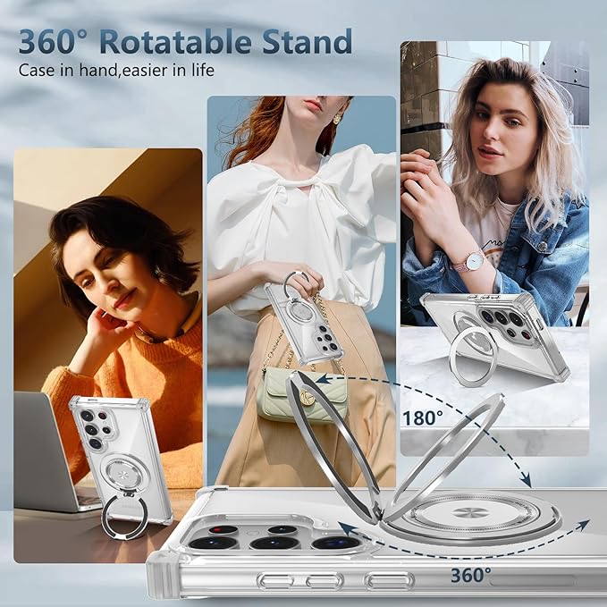for Samsung Galaxy S24 Ultra Case Compatible with Magnetic Wireless Charging with Screen Protectors, S24 Ultra Case Built-in Kickstand Ring Military Grade Drop Protection Shockproof Clear