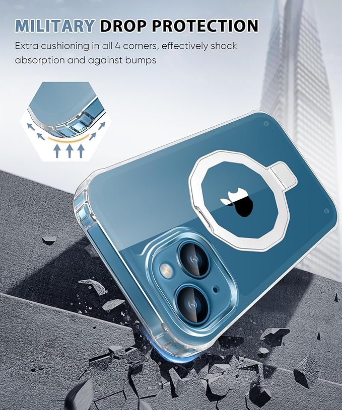 Compatible with iPhone 13 Case, Built-in Screen Protector & Seamless Stand, with Camera Lens Protector, Strong Magnetic Clear Phone Case, Full Body Protective Cover for 6.1" (Clear)