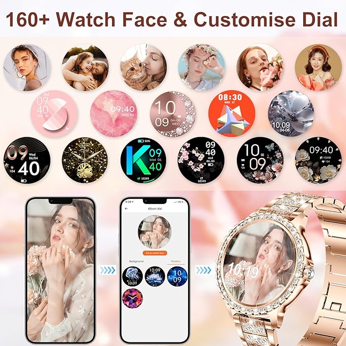 GADIXY Smart Watches for Women(Make/Answer Call) with Diamond:1.32" Fitness Tracker Watch for HR/Blood Pressure/SpO2/Sleep Monitor,Digital Running Watches for Women Android/iOS,3 Strips