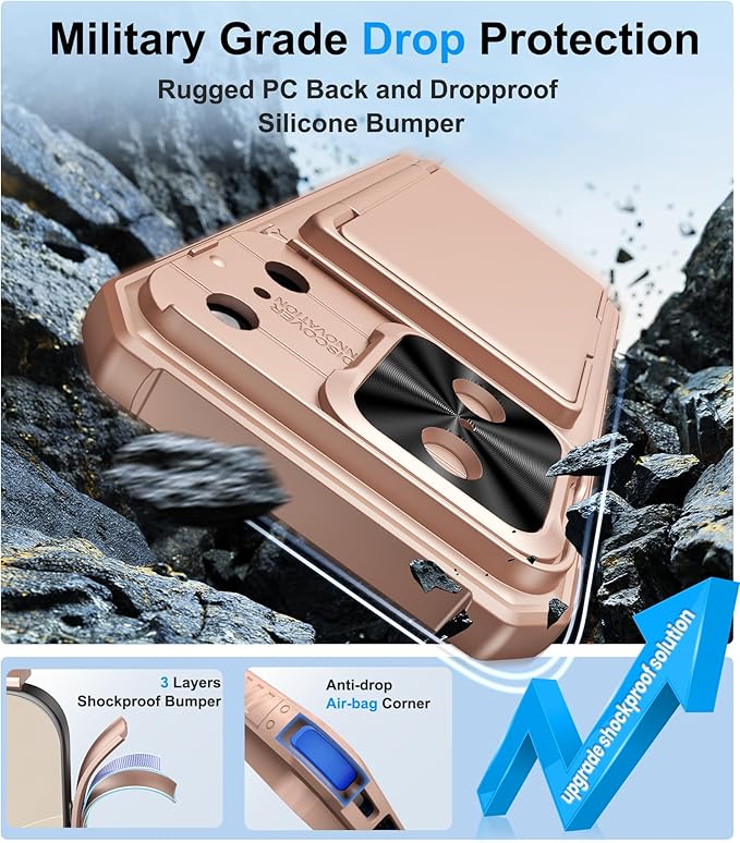 for iPhone 17 Pro Phone Case Wallet, Card Holder (4-5 Cards), Slide Camera Cover, Military Grade Protection, Rugged Hard Women Girly Men Protective Case for iPhone17 Pro 6.3", Rose Gold