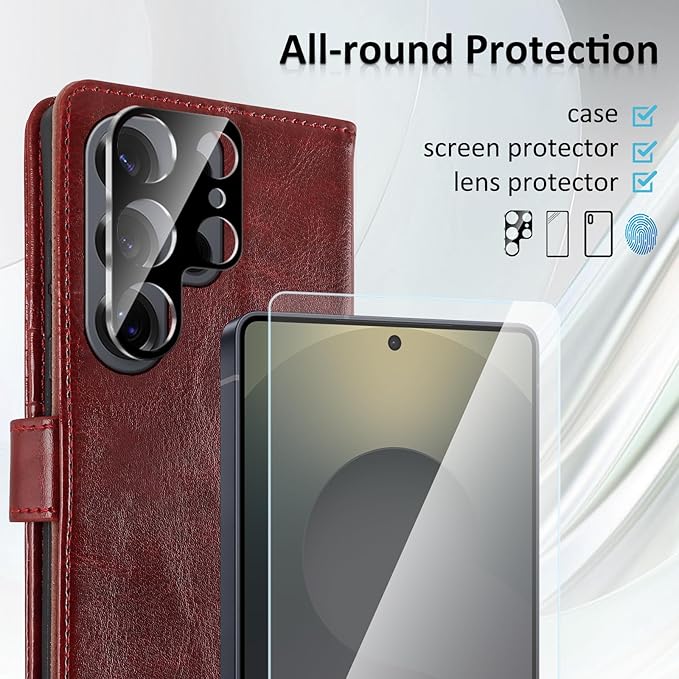 MONASAY Wallet Case Fit for Samsung Galaxy S25 Ultra 6.9 inch, [Lens & Glass Screen Protector Included] [RFID Blocking] Flip Folio Leather Cell Phone Cover with Credit Card Holder, Burgundy