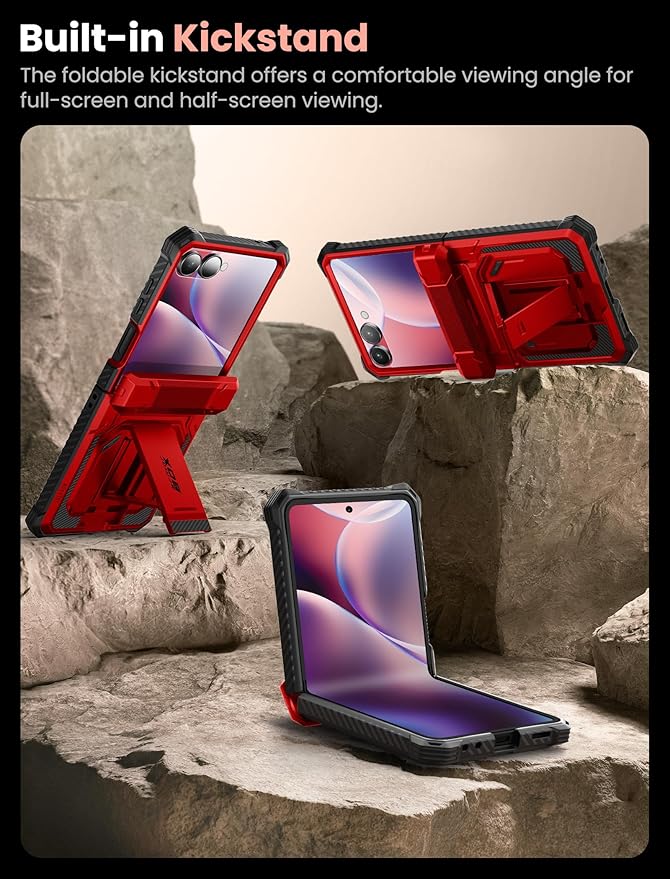 i-Blason for Samsung Galaxy Z Flip 7 Case with Stand, [Tempered Glass Screen Protector] [Hinge Protection] [Belt-Clip], Full-Body Military Protection Phone Case for Samsung Z Flip 7, Armorbox, Red