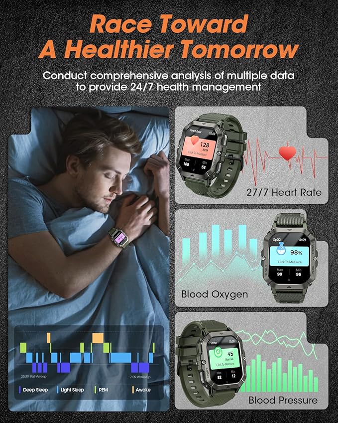 Military Smart Watches for Men (Answer/Make Calls), Waterproof Rugged Fitness Tracker with Blood Pressure/Heart Rate/SpO2/Sleep, Bluetooth Tactical Smart Watch for Android and iPhone, Military Green