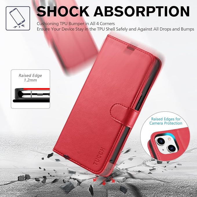 TUCCH Wallet Case for iPhone 14 6.1-inch, [RFID Blocking] [4 Card Slots] TPU Interior Protective Case, Magnetic Folio Shockproof PU Leather Stand Flip Cover Compatible with iPhone 14 6.1 5G, Red