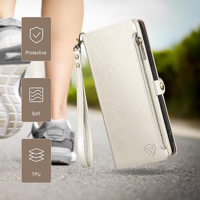 XcaseBar Compatible with Samsung Galaxy S25 Wallet case with Zipper Credit Card Holder【RFID Blocking】,Flip Folio Book PU Leather Phone case Shockproof Cover Women Men for Samsung S25 case White