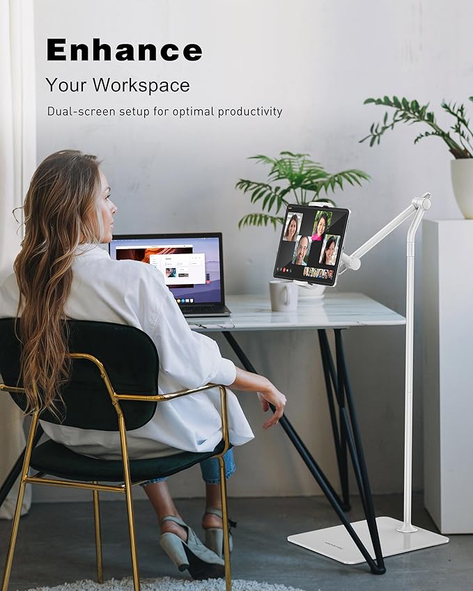 AboveTEK Tablet Floor Stand,Stylish Adjustable Height iPad Floor Stand with Stable Base,Aluminum 360° Rotation Holder for Sofa Bed,Fits 4.7-13.5"iPad Pro 12.9/Air/Mini,Galaxy Tab,iPhone, Kindle(White)