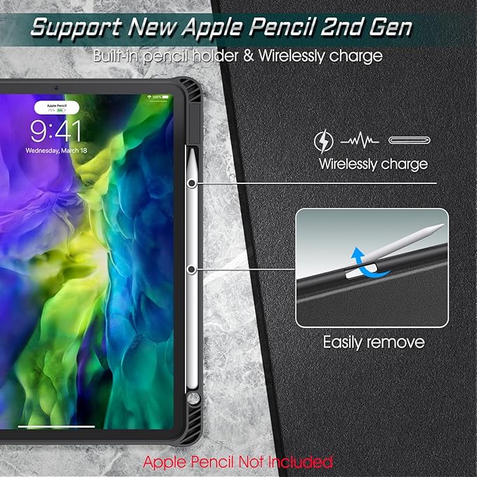 CaseBot Magnetic Stand Case for iPad Pro 11-inch (4th / 3rd Generation) 2022/2021 - Multiple Angles Shockproof Soft TPU Cover w/Pencil Holder, Also Fit iPad Pro 11" 2nd /1st Gen, Black