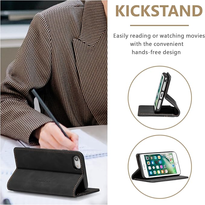 QLTYPRI Case for iPhone 16e, Vintage PU Leather Wallet Case Card Slot Kickstand Magnetic Closure Shockproof Flip Folio Cover for iPhone 16e - Retro Black