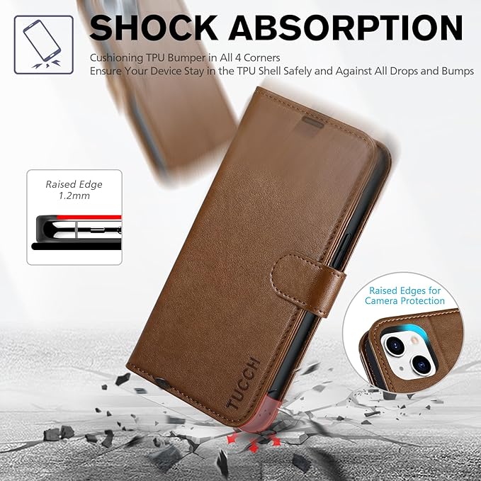 TUCCH Wallet Case for iPhone 14 6.1", Flip PU Leather Magnetic Protective Cover with [RFID Blocking] [4 Card Slots] Stand [TPU Interior Case] Compatible with iPhone 14 6.1, Brown