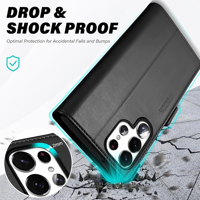 TUCCH Case Wallet for Galaxy S25 Ultra, Kickstand [RFID Blocking] Card Holder, Folio Magnetic PU Leather [TPU Shockproof Interior Case] Protective Folio Cover Compatible with Galaxy S25 Ultra, Black