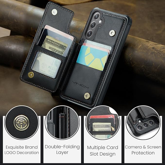 Vinich for Samsung Galaxy S24 FE Wallet Case with Card Holder, RFID Blocking Credit Slots Kickstand Shockproof Phone Cover for Women Men, Black