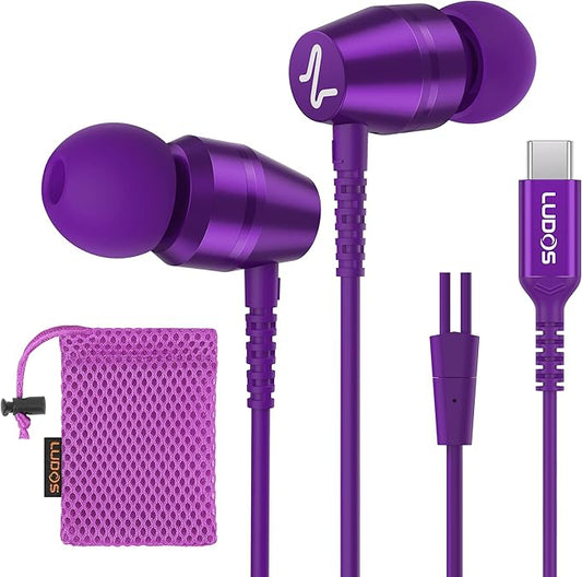 LUDOS OMNITONE USB C Headphones for iPhone 16 15 Pro Max Plus iPad Pro, 5 Years Warranty, USB-C Earbuds for Samsung Galaxy S24 S23 S22 S21 S20 A55 A54 A53, USB Type C Earphones - Purple
