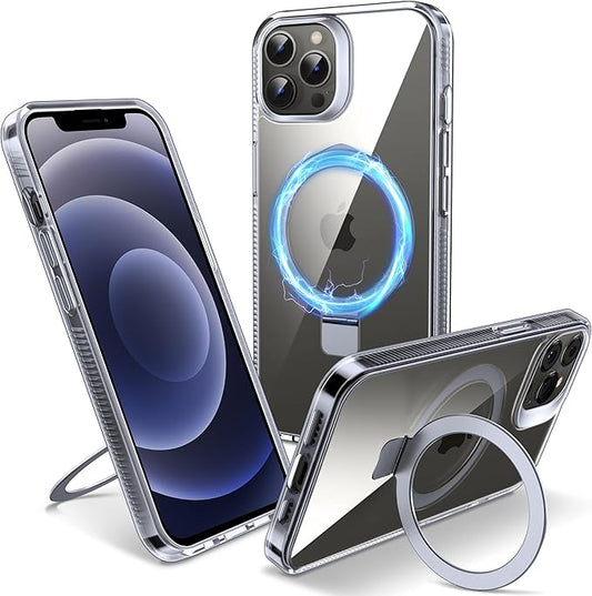 Magnetic Case for iPhone 12 Pro Max - [Built-in Invisible Stand] [Compatible with MagSafe] [Military Grade Drop Protection] Anti-Yellowing Hard Back Silicone Edge Cover, 6.7", Clear