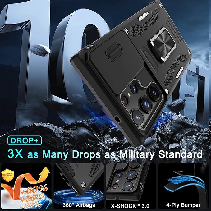 DEERLAMN Case for Samsung Galaxy S25 Ultra 6.9-Inch with Slide Camera Cover+Screen Protector, Rotated Ring Kickstand Military Grade Drop Protection Shockproof Protective Cover-Black