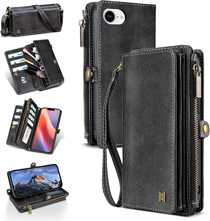 for iPhone 16e Wallet Phone Case with 7 Card Holder,RFID Blocking | PU Leather | Kickstand | Flip | Wrist Strap&Shoulder Strap | Shockproof | Zipper Wallet | Women Men | 6.1" | Black