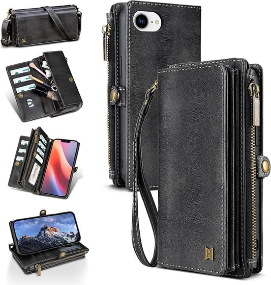 for iPhone 16e Wallet Phone Case with 7 Card Holder,RFID Blocking | PU Leather | Kickstand | Flip | Wrist Strap&Shoulder Strap | Shockproof | Zipper Wallet | Women Men | 6.1" | Black