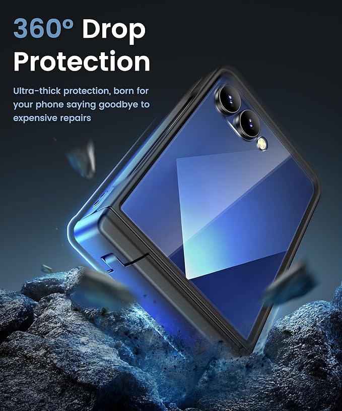 Vihibii for Samsung Galaxy Z Flip 7 Case with Kickstand & Rugged Hinge Protection & Outer Screen Protector & Non-Slip Texture, Shockproof Full Body Cover Case for Samsung Galaxy Z Flip 7 2025, Black