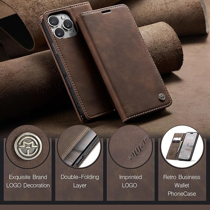 for iPhone 16 Pro Max Case, Flip Wallet Leather Case with Card Holder Magnetic Closure Shockproof Kickstand Protective Phone Cases Cover for iPhone 16 Pro Max, Coffee