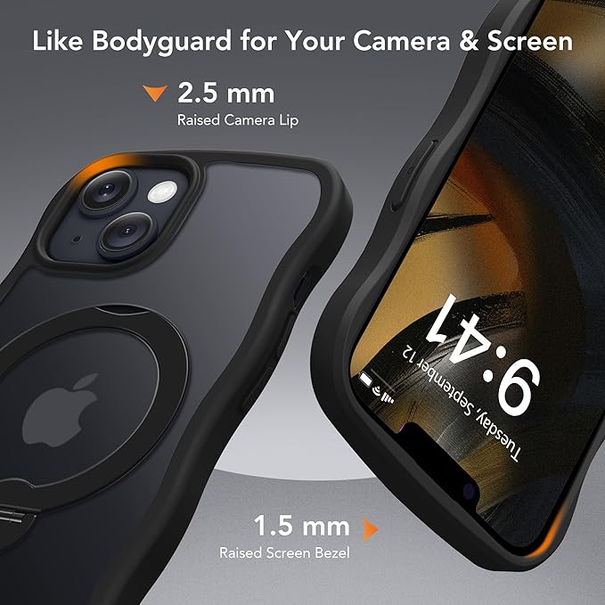 for iPhone 13 Case & iPhone 14 Case for Women,[Compatible with Magsafe][360° Spin Magnetic Stand][Cute Wave Edge][Military-Grade Protection]Translucent Matte Phone case for iPhone 13/14, Black