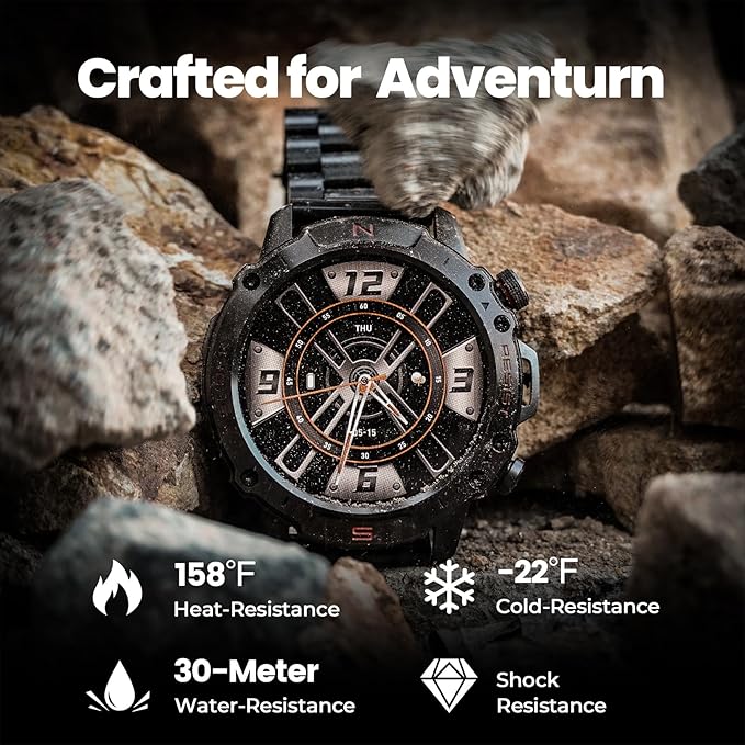 WalkerFit Military Rugged Smart Watch for Men 1.43" AMOLED Smartwatch,Alway-on,3ATM Waterproof for Swim,Accurate HR Sleep Monitor,Bluetooth Call Fitness Watch for iPhone Andriod Compatible,Steel Band