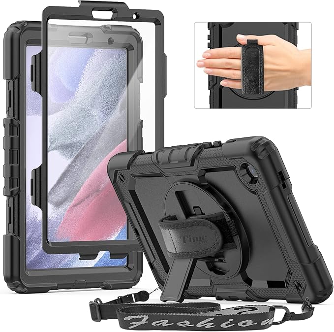 Timecity Case for Samsung Galaxy Tab A7 Lite 2021 8.7'' SM-T220/T225/T227 with Screen Protector, Heavy Duty Rugged Full-Body Protective Case with 360 Rotating Stand, Hand/Shoulder Strap Case, Black