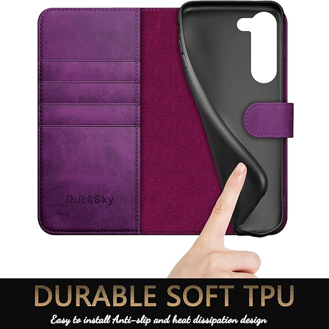 for Samsung Galaxy S23 5G Genuine Leather Wallet case 【RFID Blocking】【4 Credit Card Holder】【Real Leather】 Flip Folio Book Phone case Protective Cover Women Men for SamsungS23 case Purple