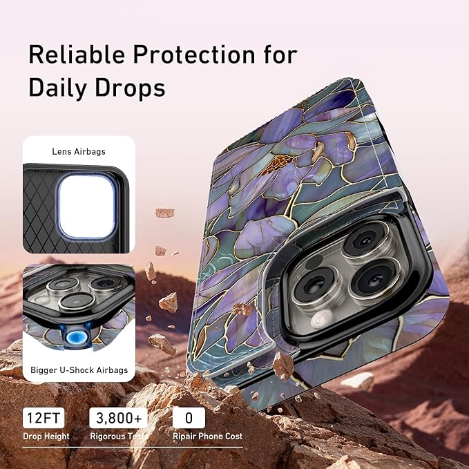 FUNMIKO for iPhone 13 Pro Wallet Case with Card Holder, RFID-Blocking, Military-Grade Protection & UV-Printed Artwork, Magnetic Closure with Leather Kickstand - Dreamy Lotus