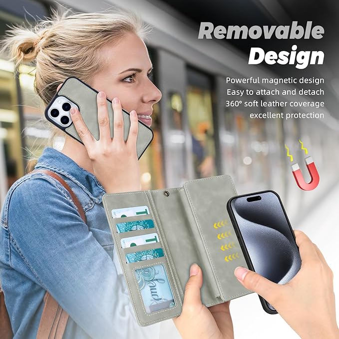 TwoHead Wallet Case Compatible with iPhone 15 Pro,Detachable Magnetic Phone Case,All-Round Protective Leather Phone Case with Card Holder,6.1 in,Gray