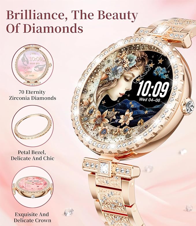 Diamond Smart Watch for Women(Buletooth Call), 1.19" AMOLED HD Display, 100+ Sports Mode Fitness Tracker Watch, 5ATM Waterproof/Pedometer/Sleep Smartwatch Women, iOS Android Smart Watches