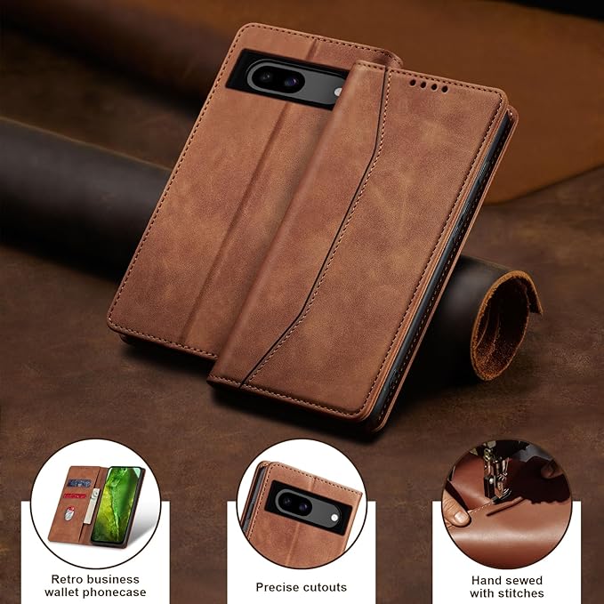Jasonyu Flip Wallet Case for Google Pixel 8A,Leather Magnetic Folio Cover with Card Holder,Kickstand - TPU Shockproof Durable Protective Phone Case,Brown
