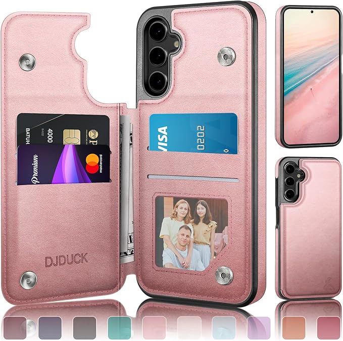 DJDUCK Designed for Samsung Galaxy S25 Case Wallet with Card Holder, [Magnetic Clasp Cover] [RFID Blocking Leather Protection] Shockproof Women Men Cases for Samsung S25 Rose Gold
