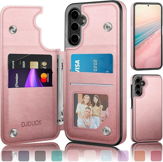 DJDUCK Designed for Samsung Galaxy S25 Case Wallet with Card Holder, [Magnetic Clasp Cover] [RFID Blocking Leather Protection] Shockproof Women Men Cases for Samsung S25 Rose Gold