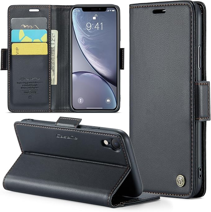 for iPhone XR Case, Premium PU Leather Wallet Case Flip Cover with [RFID Blocking][Card Holder][Stand Function] Shockproof Protective for Apple iPhone XR, Black