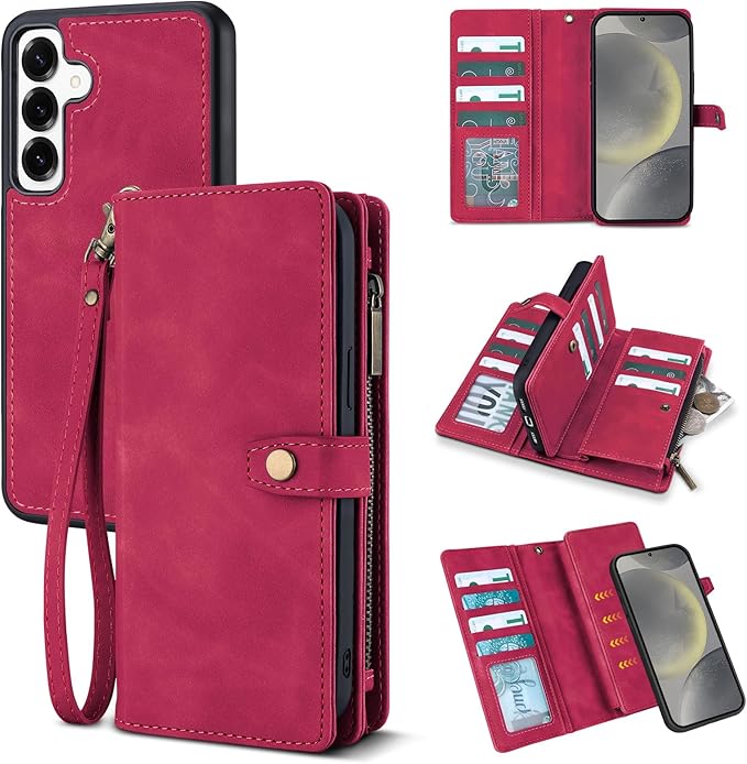 TwoHead for Samsung Galaxy S24 Wallet Case with Card Holder,Detachable Magnetic Phone Case for Galaxy S24,PU Leather Shockproof Protective Phone Cover Wallet with Wrist Strap(6.1 in,Wine Red)