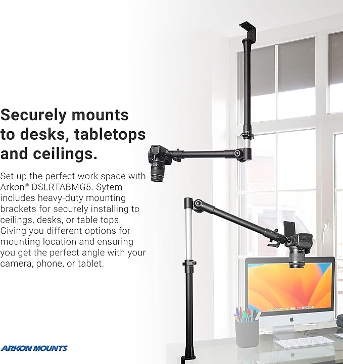 ARKON Mounts Overhead Camera Mount | Includes Ceiling Mount Bracket, Phone Holder, Tablet Holder, & Camera Mount | 360° Adjustable | Durable & Super Stable Metal Mounting Base DSLRTABMG5