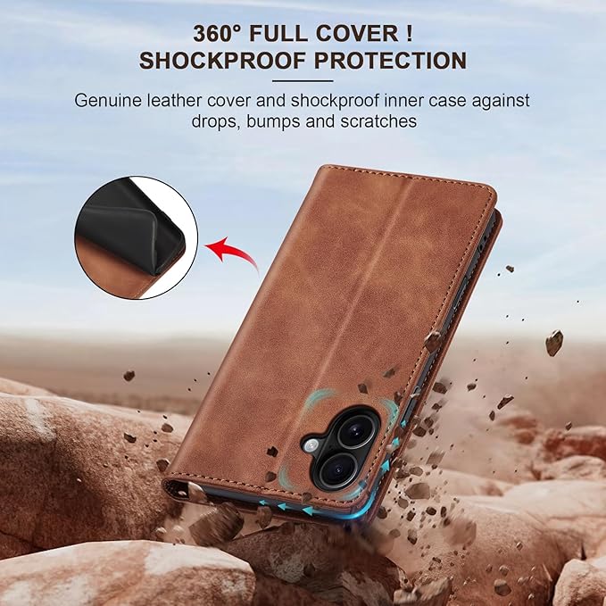 Jasonyu Flip Wallet Case for iPhone 16 Plus,Leather Magnetic Folio Cover with Card Holder,Kickstand - TPU Shockproof Durable Protective Phone Case,Brown