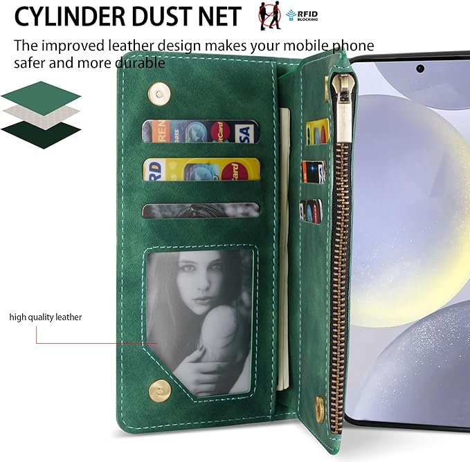 ZZXX for Samsung Galaxy S24 Plus Wallet Case with RFID Blocking Card Slot PU Leather Zipper Flip Folio with Strap Kickstand Protective Cover for Samsung Galaxy S24+ Case Wallet(Green-6.7 inch)