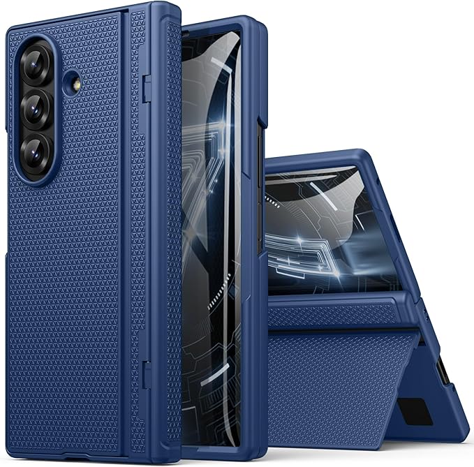 for Samsung Galaxy Z Fold 7 Case with Hinge Protection & Kickstand, Front Glass Screen Protector, Slim & Rugged, Hard Full Cover, Daily Protective Phone Case for Samsung Z Fold 7 5g 2025, Blue